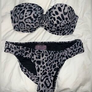 Victoria Secret: black and grey leopard bandeau bikini top and cheeky bottom